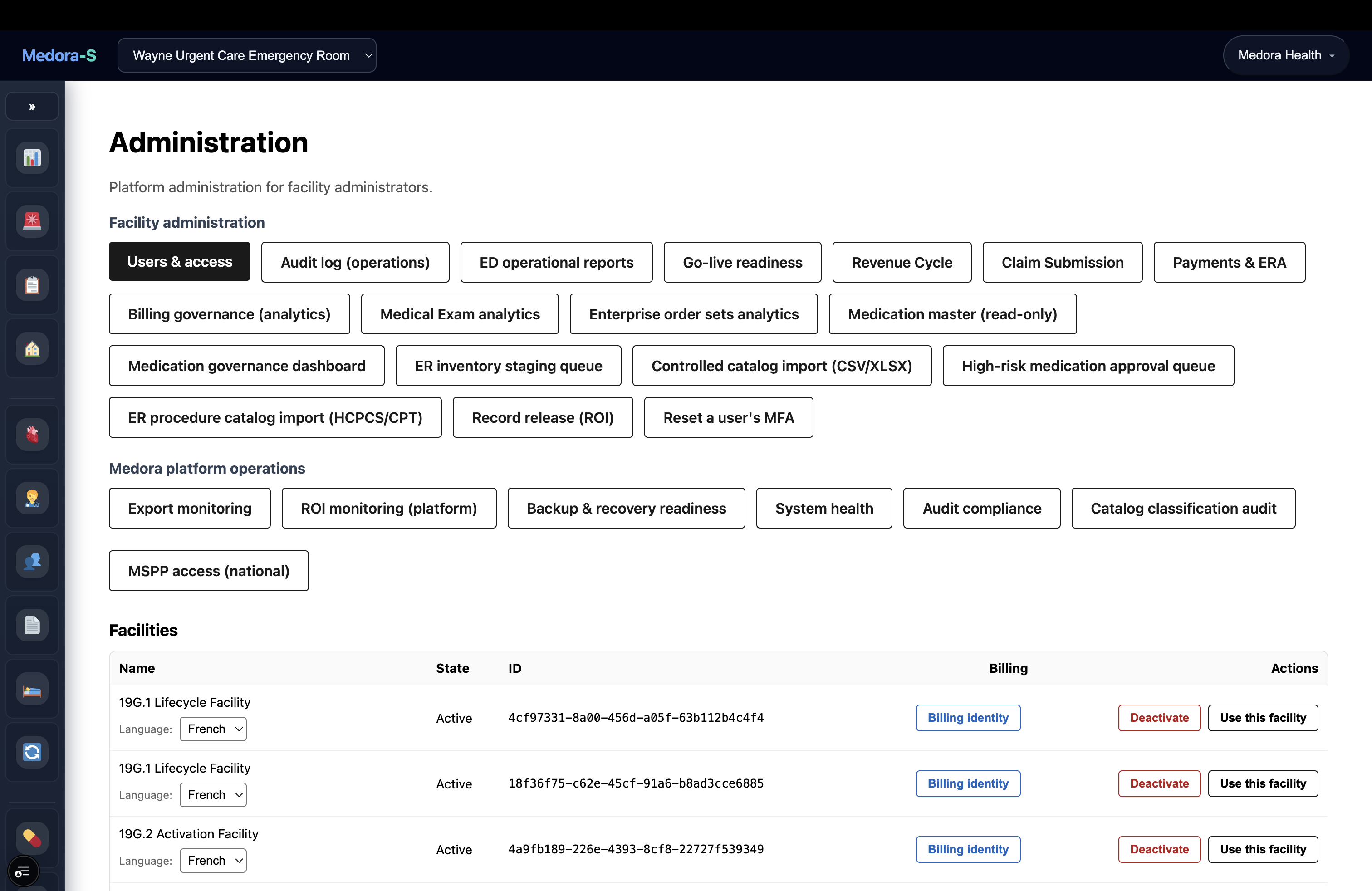 Medora administration console for multi-facility governance, revenue cycle, and platform operations