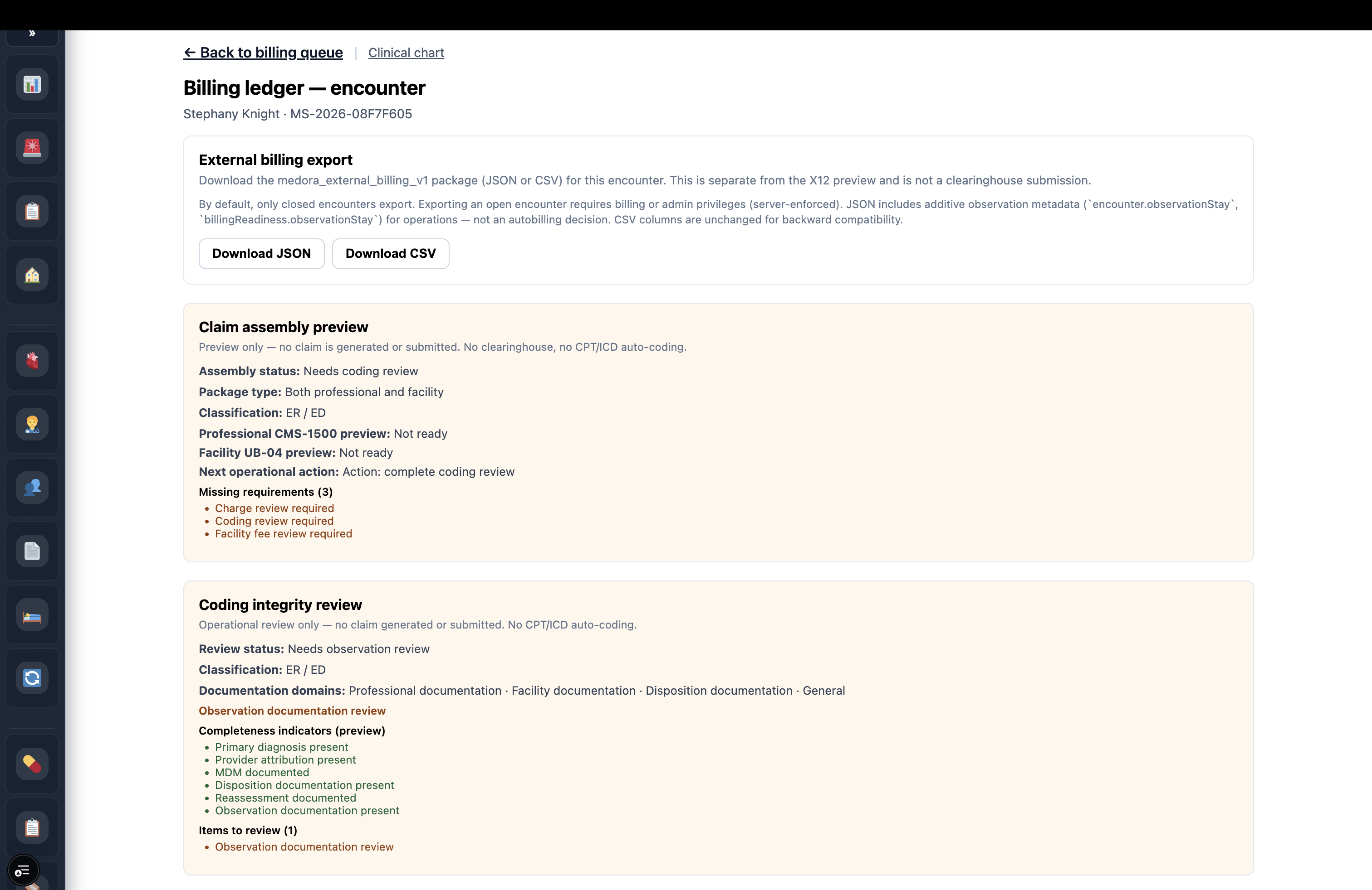 Medora billing ledger with external billing export and a preview-only claim assembly review