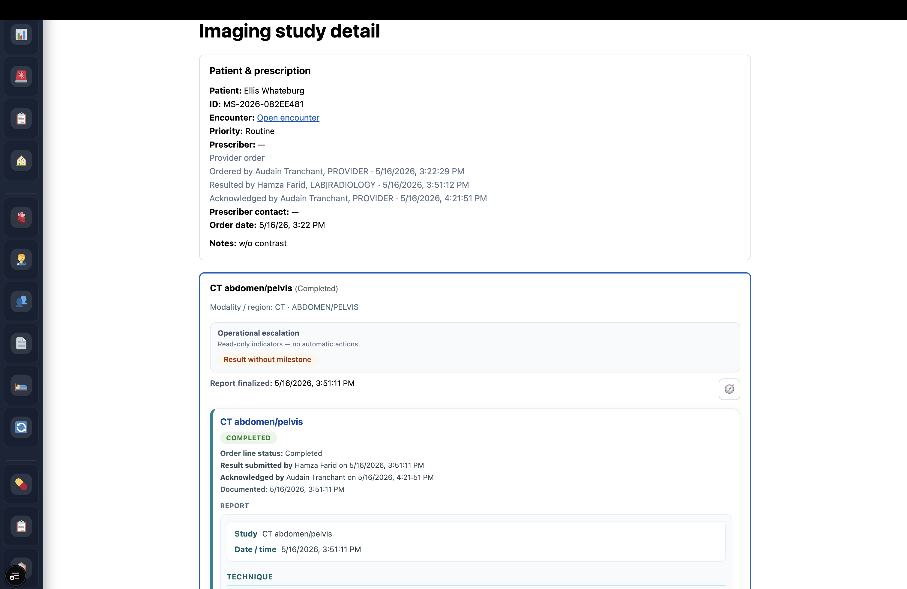 Medora imaging study detail with order, result, and finalized radiology report